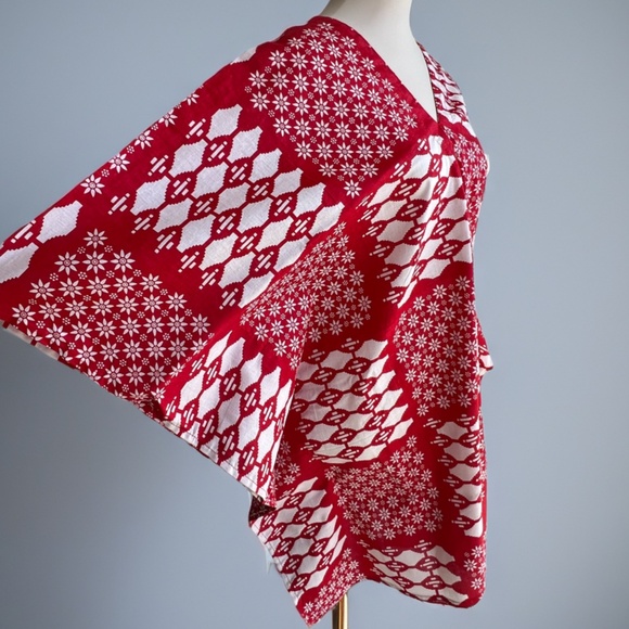 0127/ Red & White Batik Pattern Short Kaftan, Cotton Dress - Picture 10 of 14